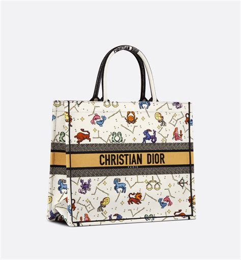 Large Dior Book Tote Latte Multicolor Dior Zodiac Embroidery